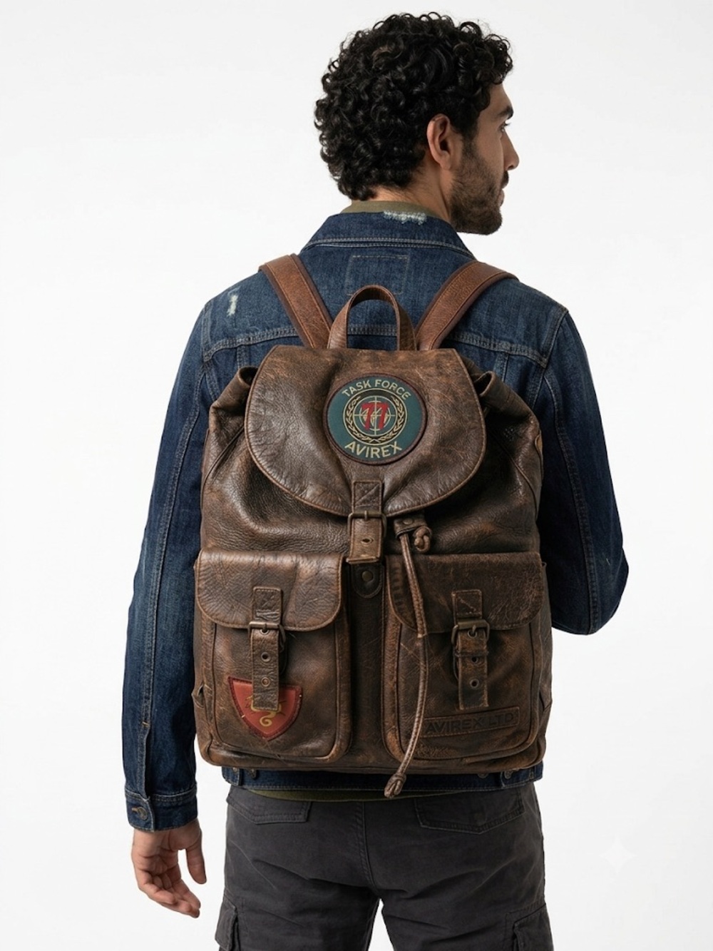 Avirex Brown Leather Backpack with Patch Detail , vintage military one of a kind